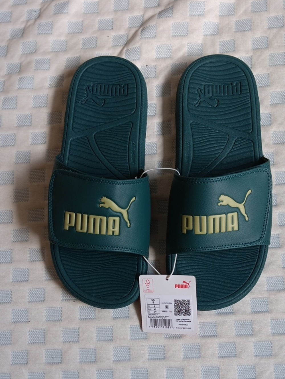 Puma Men's Teal Slide Sandals with Pale Gold Logo